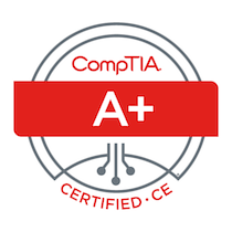 The A+ badge showing 'A+' in a red bar the center of a gray circle with 'CompTIA' at the top and 'Certified CE' at the bottom. There is also a small image of a electrical board details near the bottom of the gray circle.