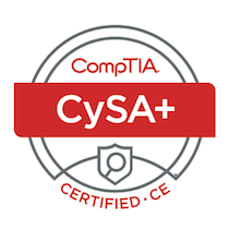 The CySA+ badge showing 'CySA+' in a red bar the center of a gray circle with 'CompTIA' at the top and 'Certified CE' at the bottom. There is also a small image of a shield with a magnifying glass near the bottom of the gray circle.