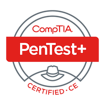 The SecurityX badge showing 'PenTest+' in a red bar the center of a gray circle with 'CompTIA' at the top and 'Certified CE' at the bottom. There is also a small image of a fedora near the bottom of the gray circle.