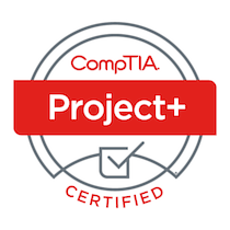 The Project+ badge showing 'Project+' in a red bar the center of a gray circle with 'CompTIA' at the top and 'Certified' at the bottom. There is also a small image of a checkmark near the bottom of the gray circle.