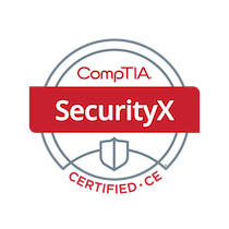 The SecurityX badge showing 'SecurityX' in a red bar the center of a gray circle with 'CompTIA' at the top and 'Certified CE' at the bottom. There is also a small image of a shield near the bottom of the gray circle.