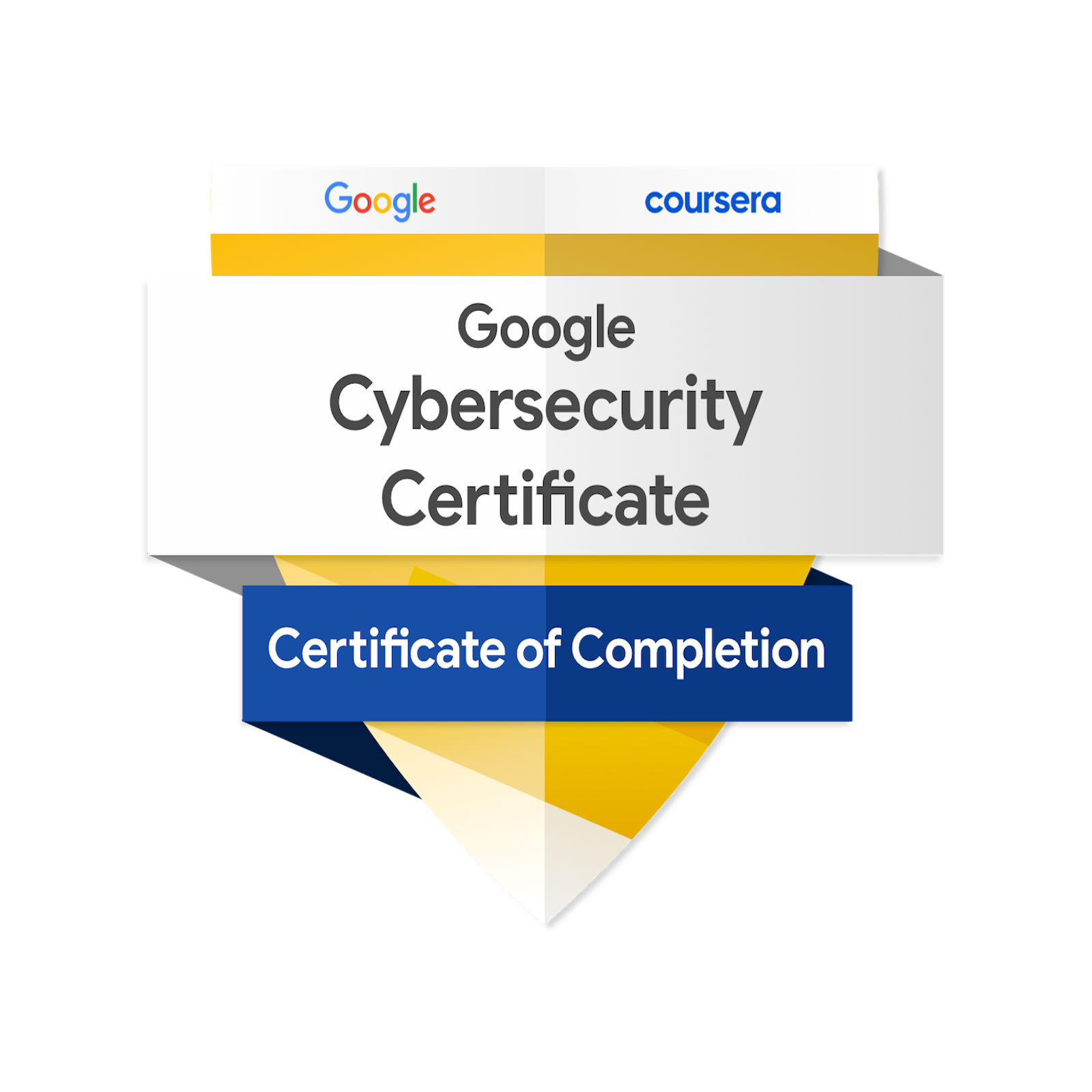 The Google Cybersecurity badge showing 'Google Cybersecurity Certificate' in a white banner over a yellow shield with a blue banner reading 'Certificate of Completion'.