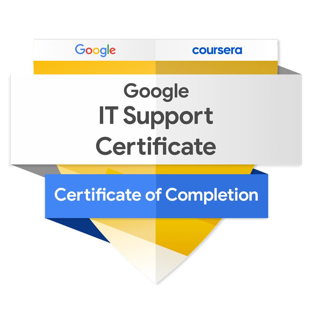 The Google IT Support Professional Certificate badge showing 'Google IT Support Certificate' in a white banner above a yellow shield