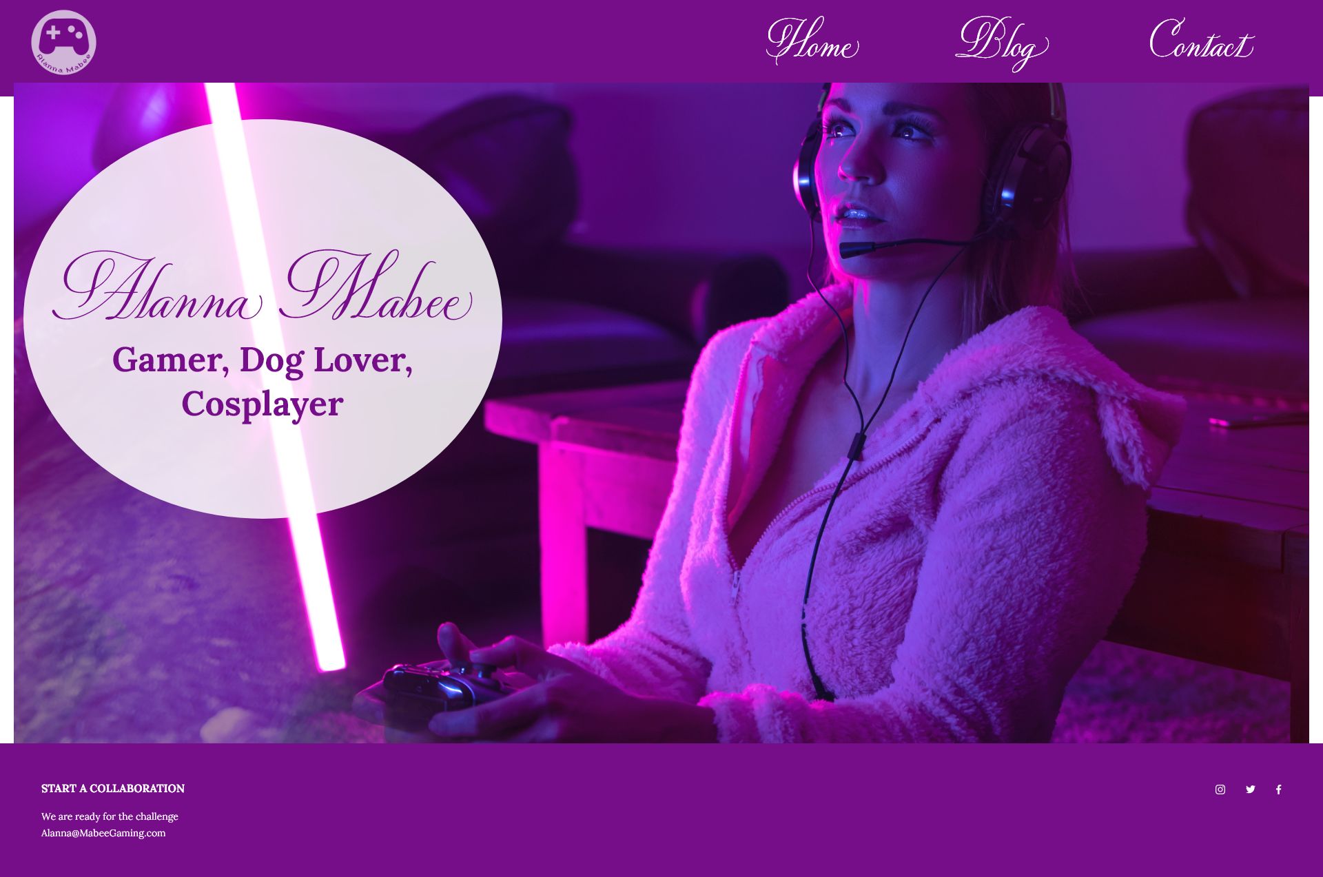 A screenshot of a landing page for a personal website. It is primarily purple and uses a large image as a background with fancy fonts.