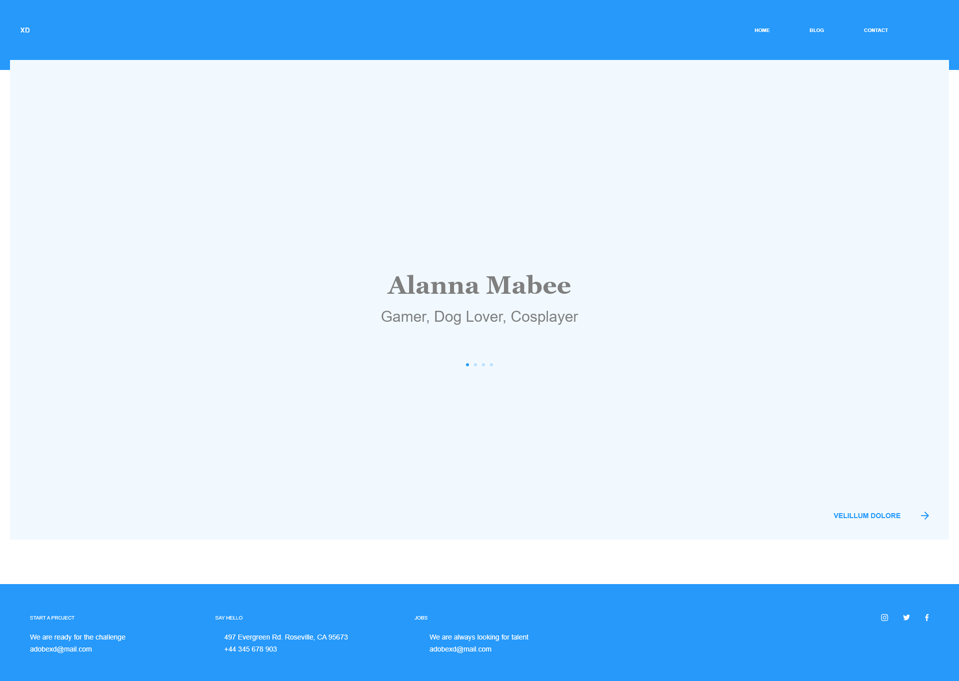 A white and blue basic outline showing a layout for a landing page for a personal website