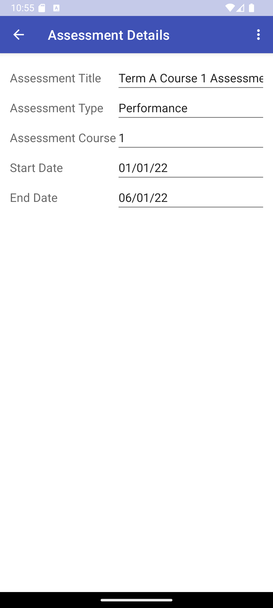 The assessments details screen viewed in portrait orientation and light mode. It has a form with the assessment title, assessment type, assessment course, the start date and the end date.