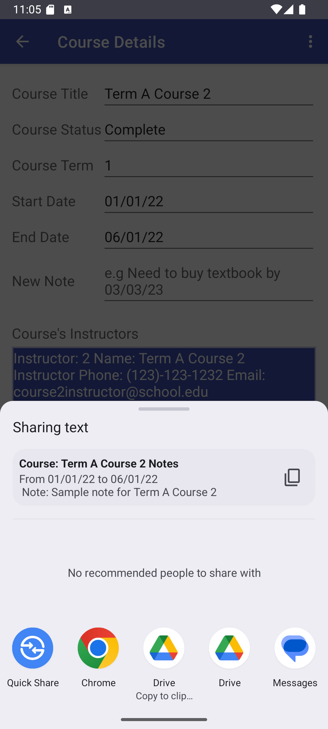 The system popup for sharing the course details