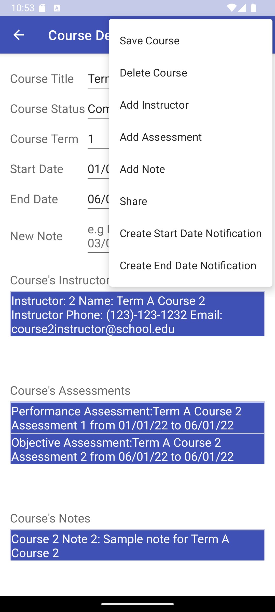 The menu for the course details screen showing the 'Share' option.