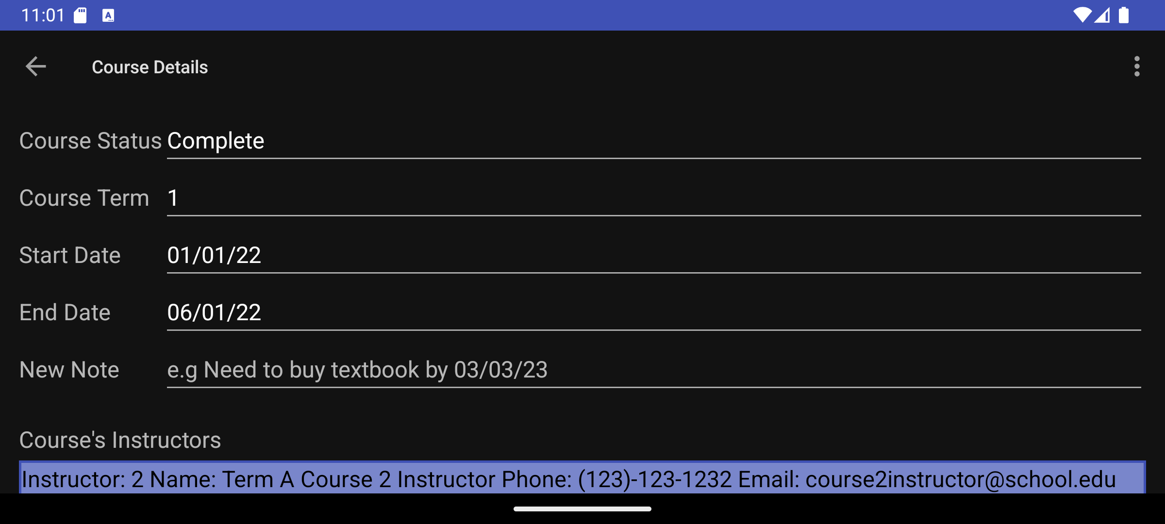 The courses screen viewed in landscape orientation and dark mode.