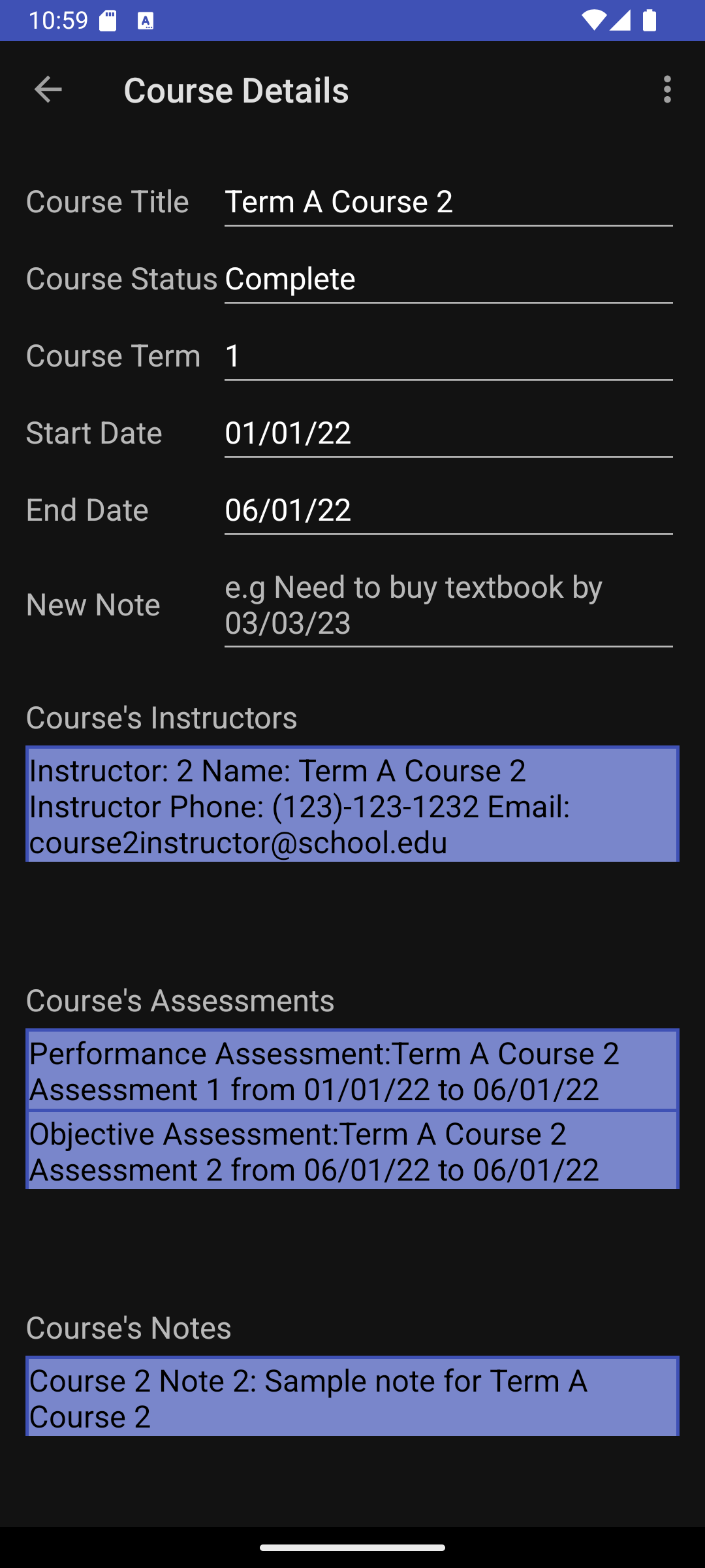 The course details screen viewed in portrait orientation and dark mode.