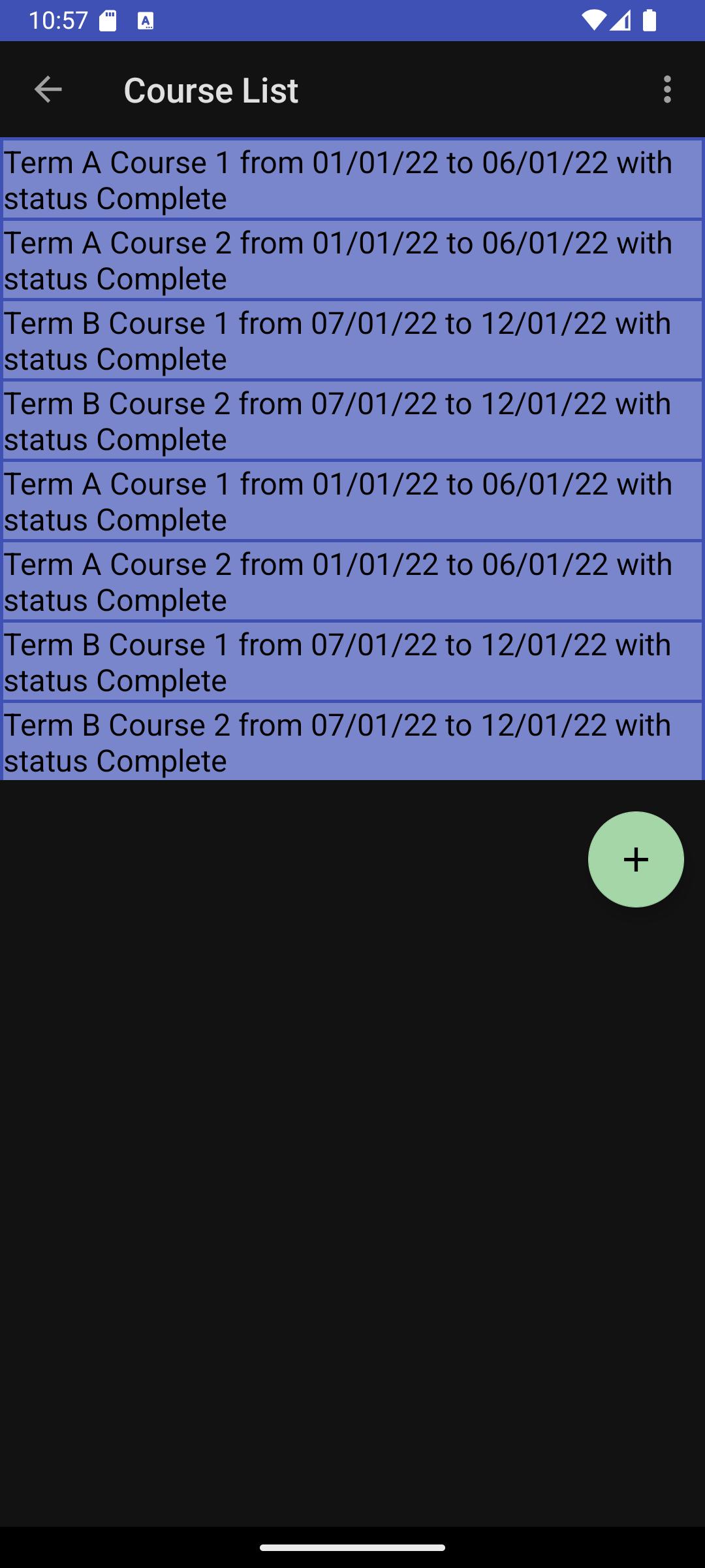 The courses screen viewed in portrait orientation and dark mode.