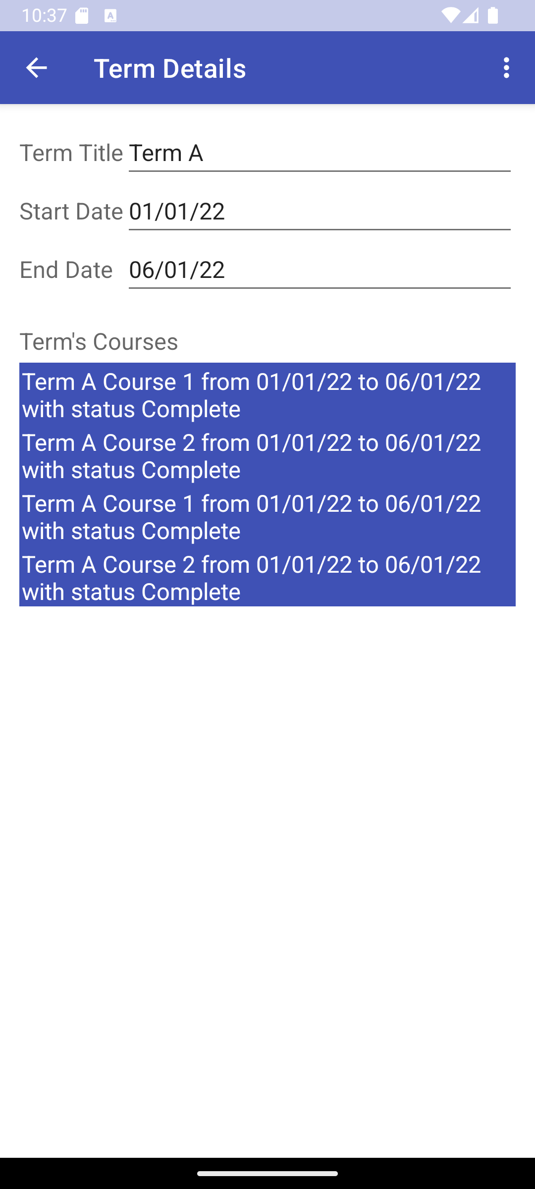 The term details screen viewed in portrait orientation and light mode. It has a form with the term name, the start date, the end date and the list of courses.