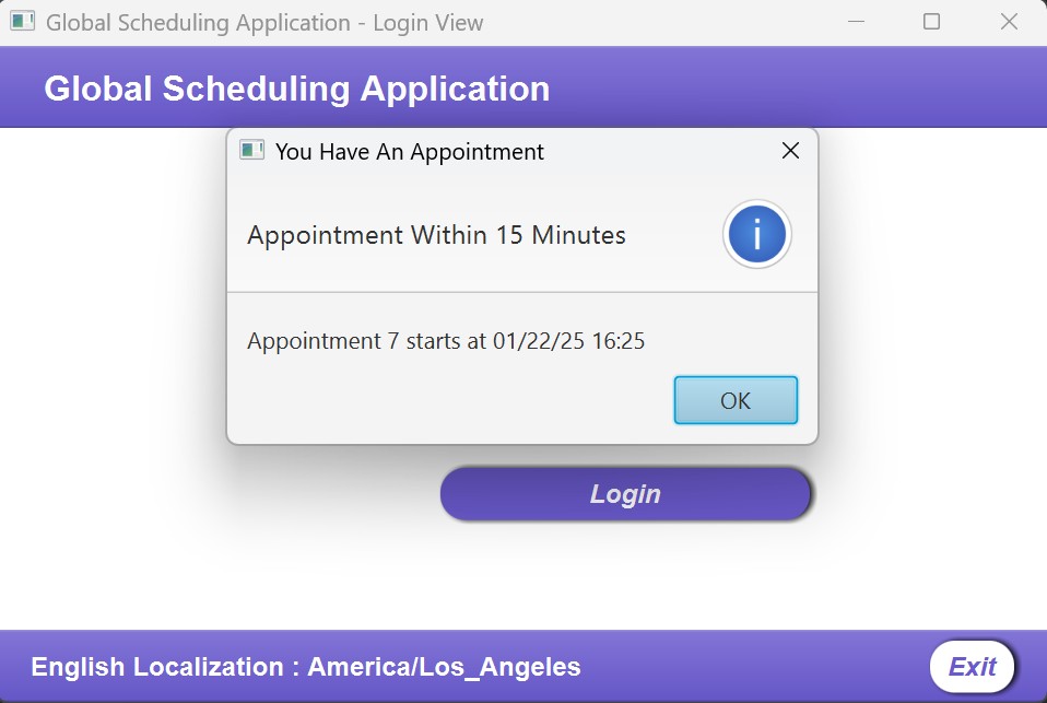 A pop up notification informing the user they have an appointment in the next 15 minutes when they log into the Global Scheduling Application