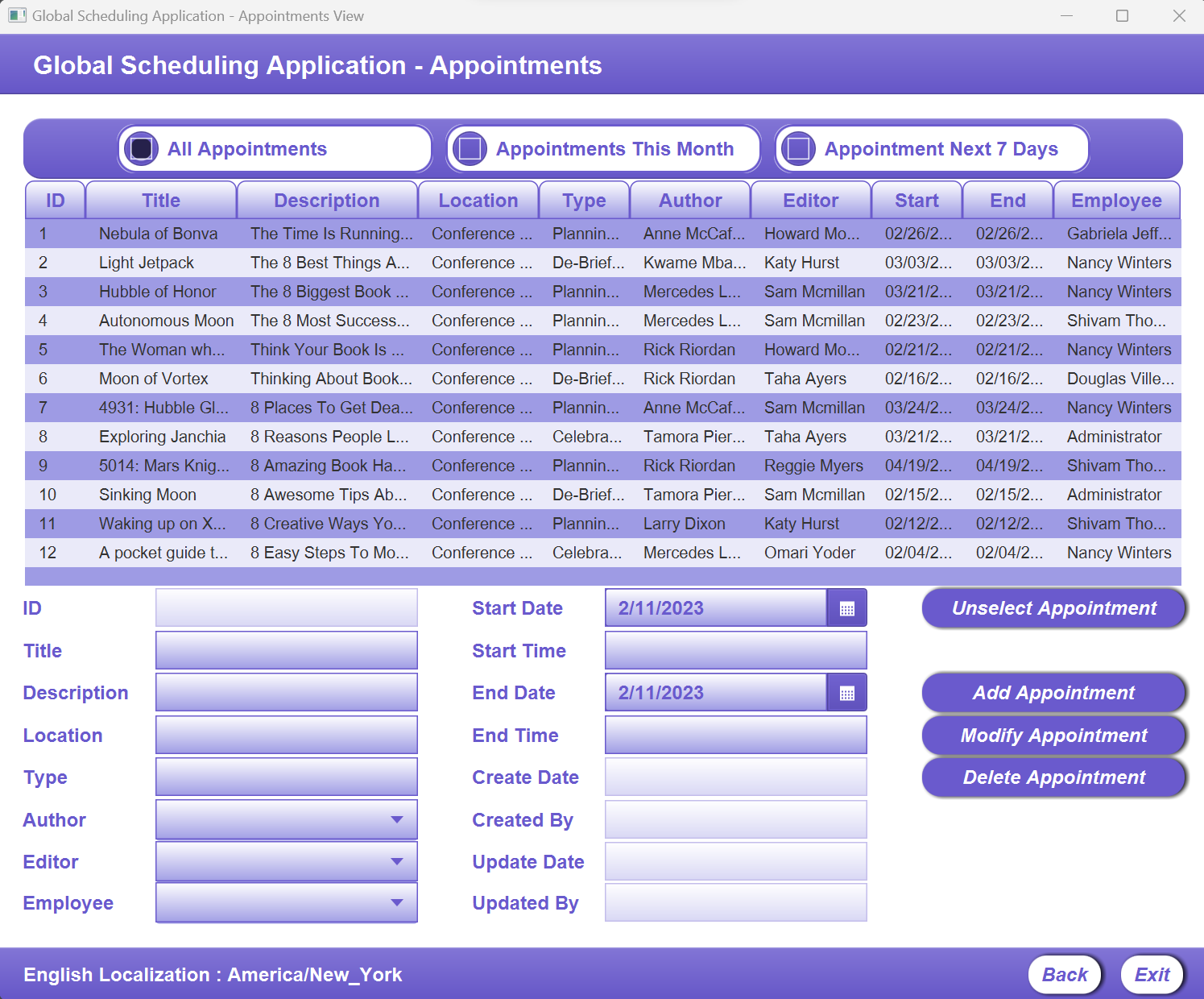 A screenshot of the Appointments Screen