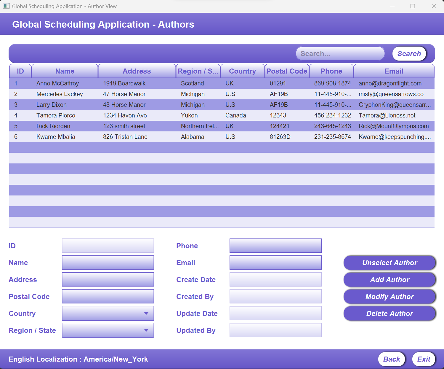 A screenshot of the Authors Screen