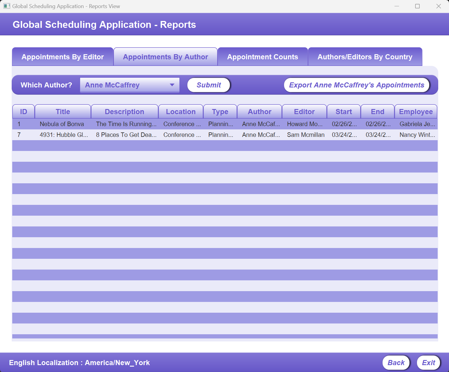 A screenshot of the Reports Screen on the Appointments By Authors Tab