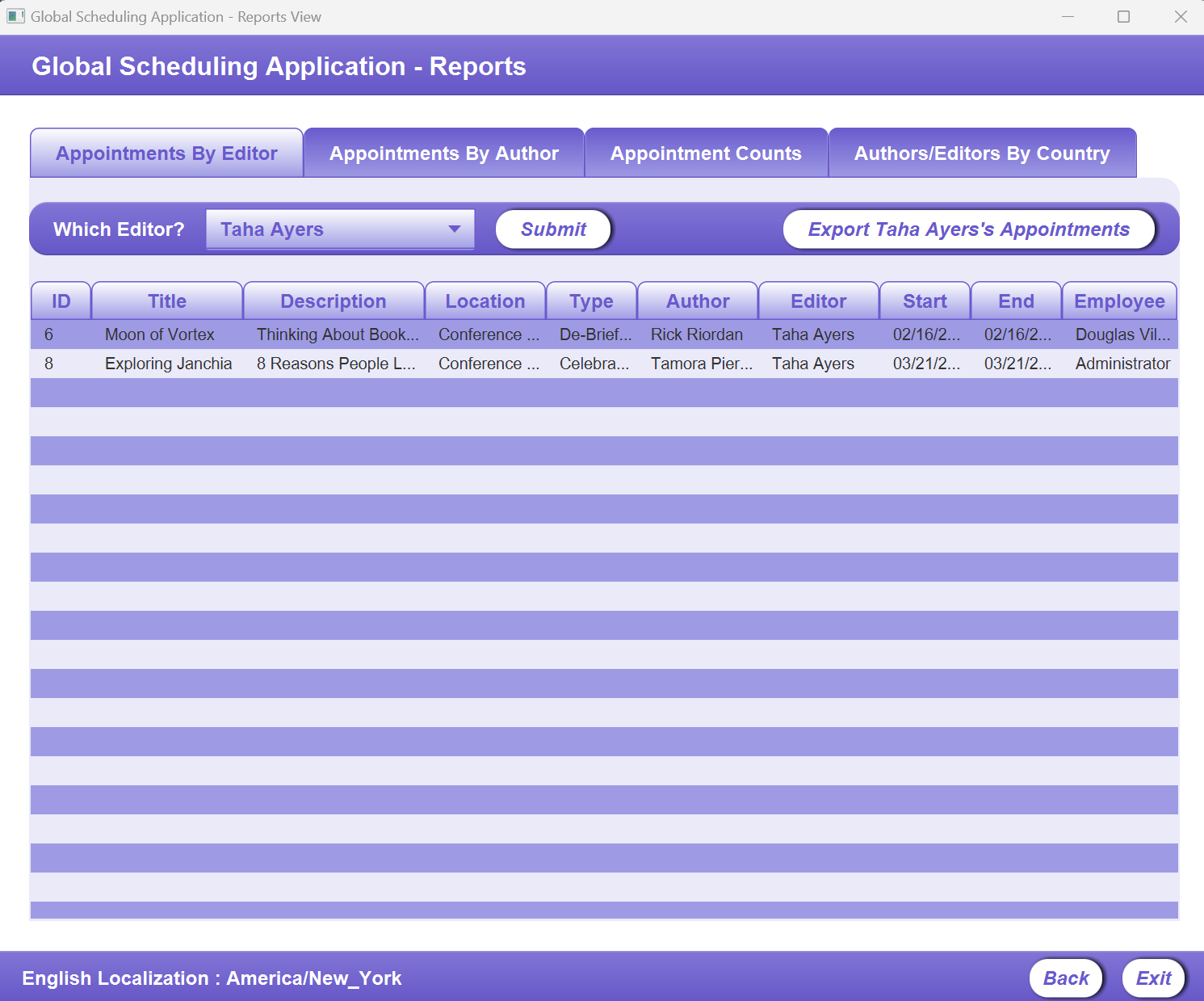 A screenshot of the Reports Screen on the Appointments By Editors Tab