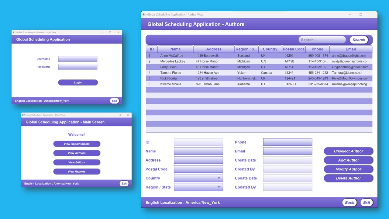 A teal background with screenshots from the Global Scheduling Application with a primarily purple color scheme. In the top left, it shows the login screen where the user can enter their credentials, and in the bottom left it shows the main screen with four buttons. On the right, it depicts the appointment screen which shows all of the authors in the system as well as providing an interface to interact with them