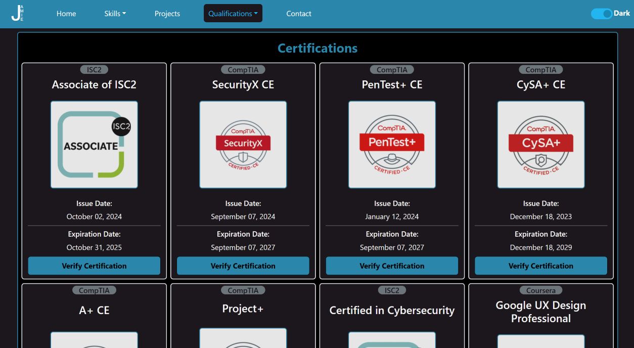 The certifications section viewed in dark mode on a desktop browser.