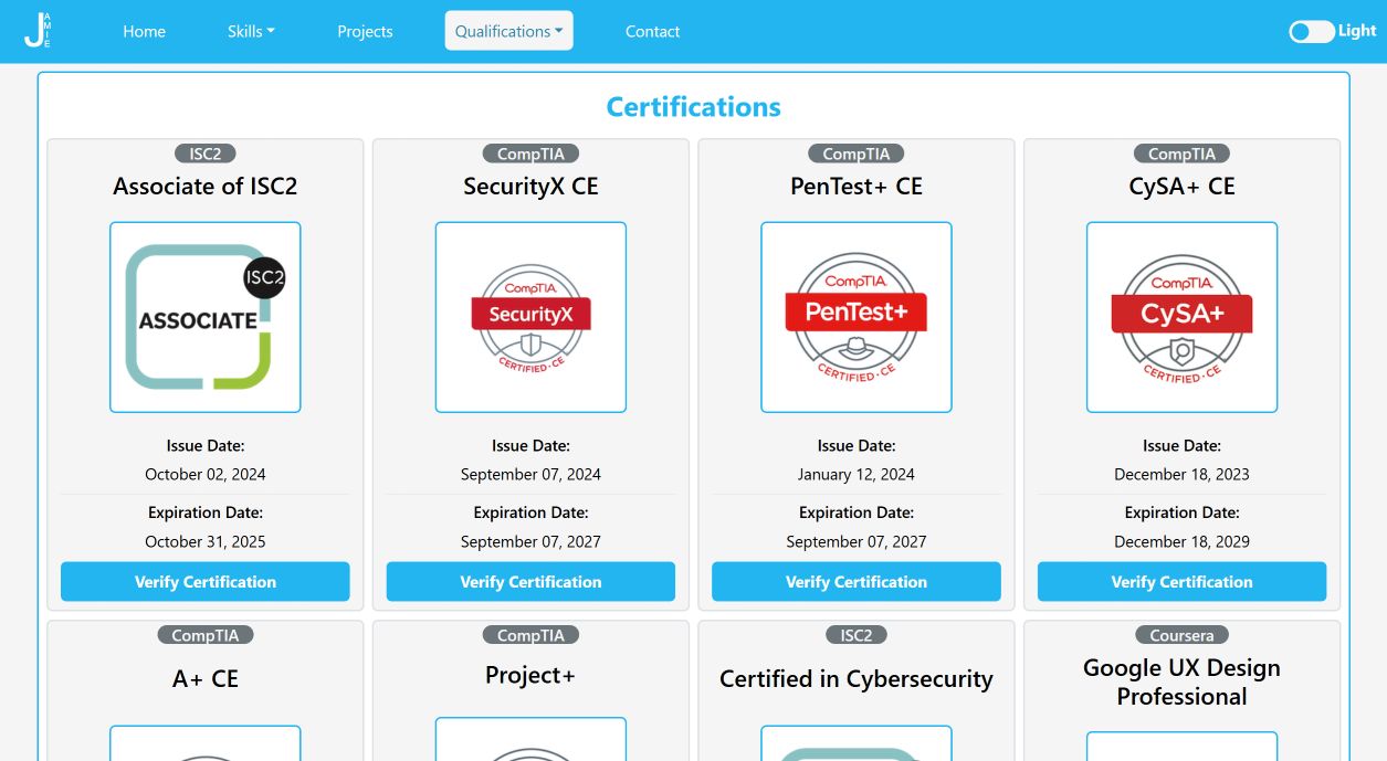 The certifications section viewed in light mode on a desktop browser.