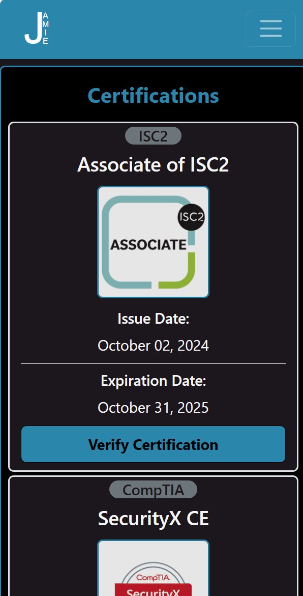 The certifications section viewed in dark mode on a mobile browser.