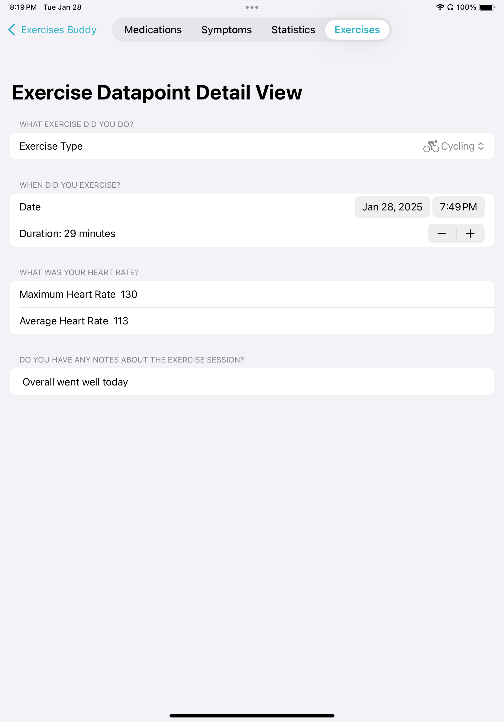 The exercise detail view showing the selected exercise datapoint. it has fields for the exercise type, date, duration, max heart rate, average heart rate and any notes.