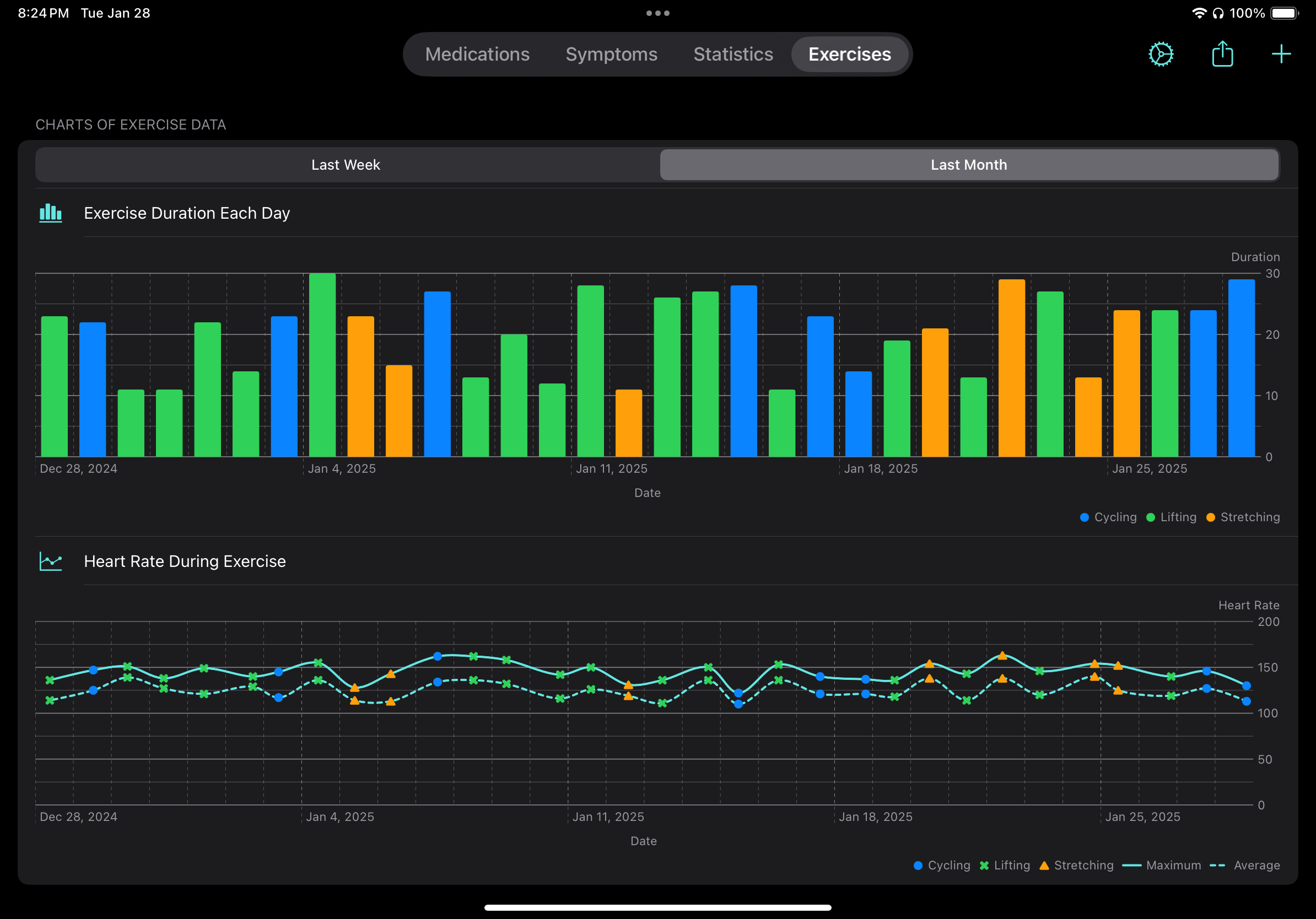 The exercises tab viewed in landscape orientation and dark mode.