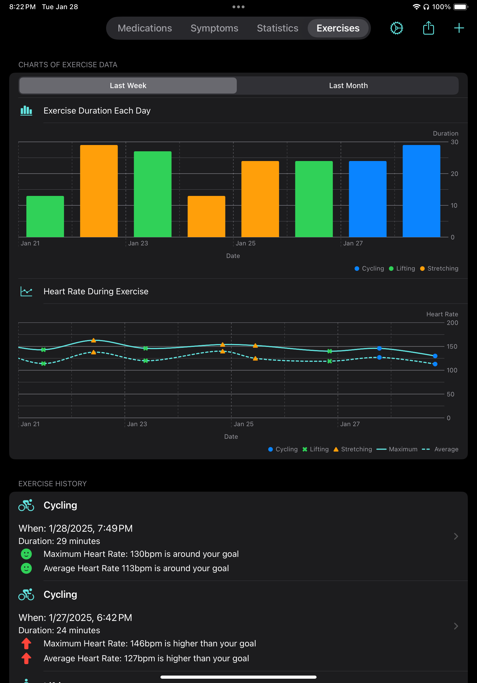 The exercises tab viewed in portrait orientation and dark mode.