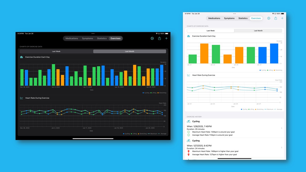 A teal background and two screenshots of the health tracking application with a primarily teal colorscheme. The exercises screen with two graphs of exercise data (daily duration and heart rate for each exercise datapoint) is shown once in light mode and portrait orientation and once in dark mode and landscape orientation.