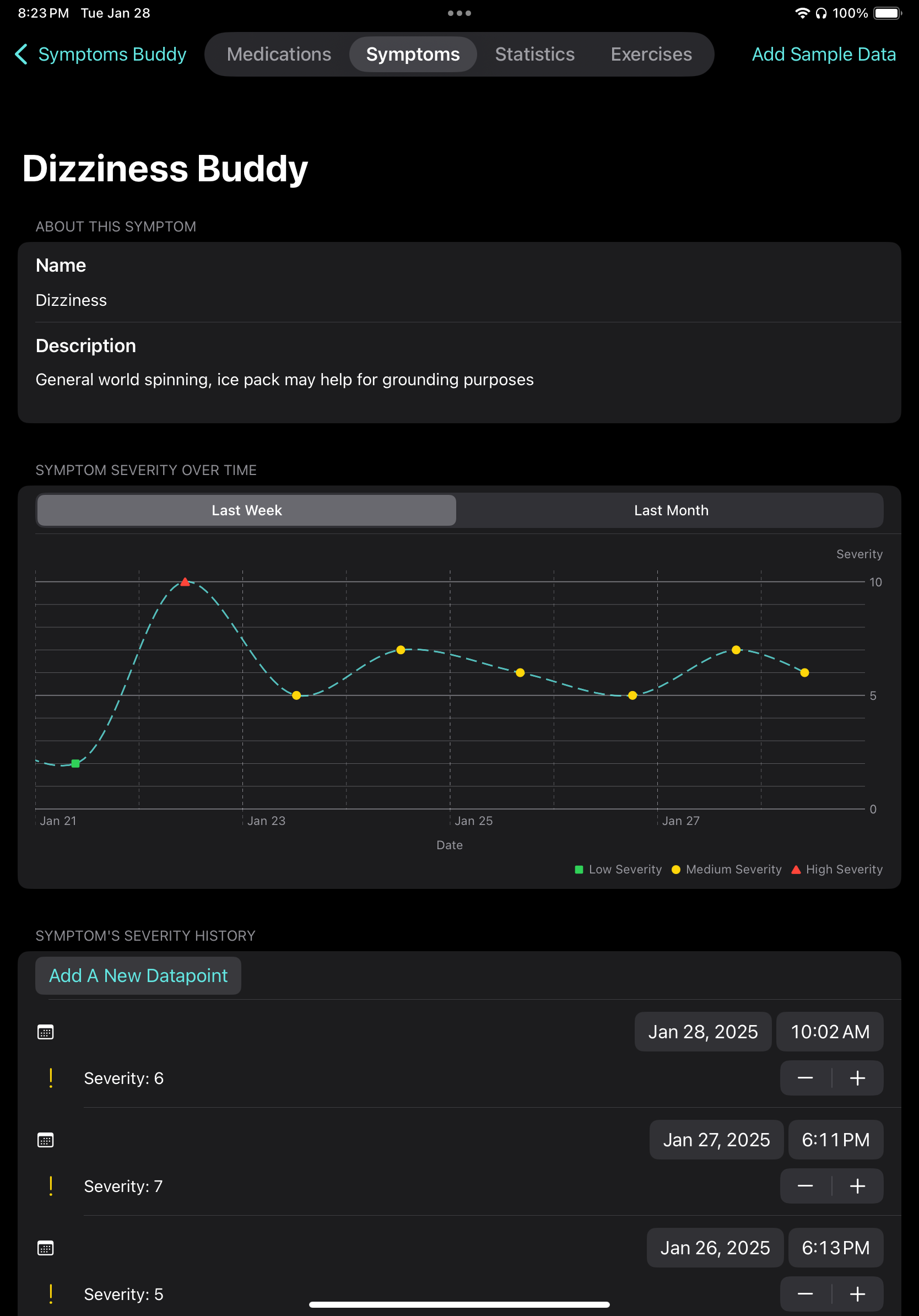 The symptom detail screen viewed in portrait orientation and dark mode.