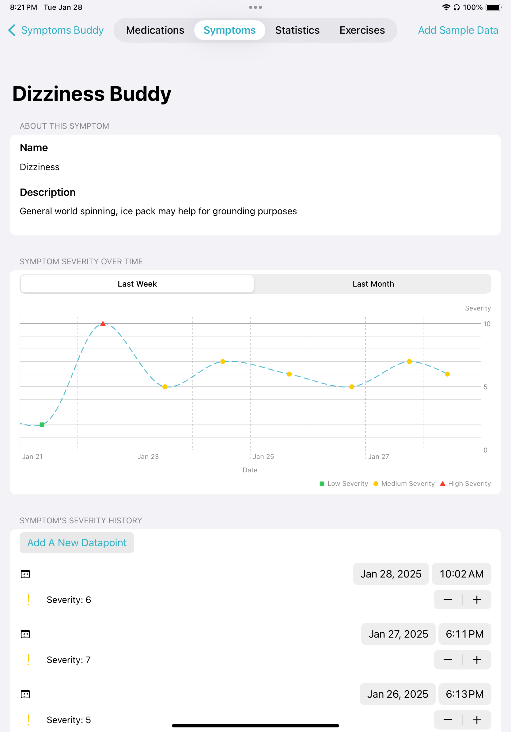 The symptom detail view showing the selected symptom. It has fields for the symptom name, and description. It also has a graph showing the users symptom datapoints over the last week or month.