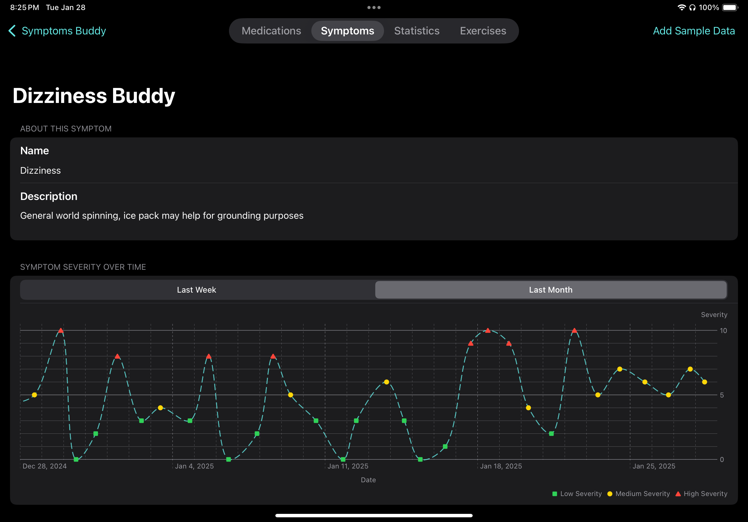 The symptom detail screen viewed in landscape orientation and dark mode.