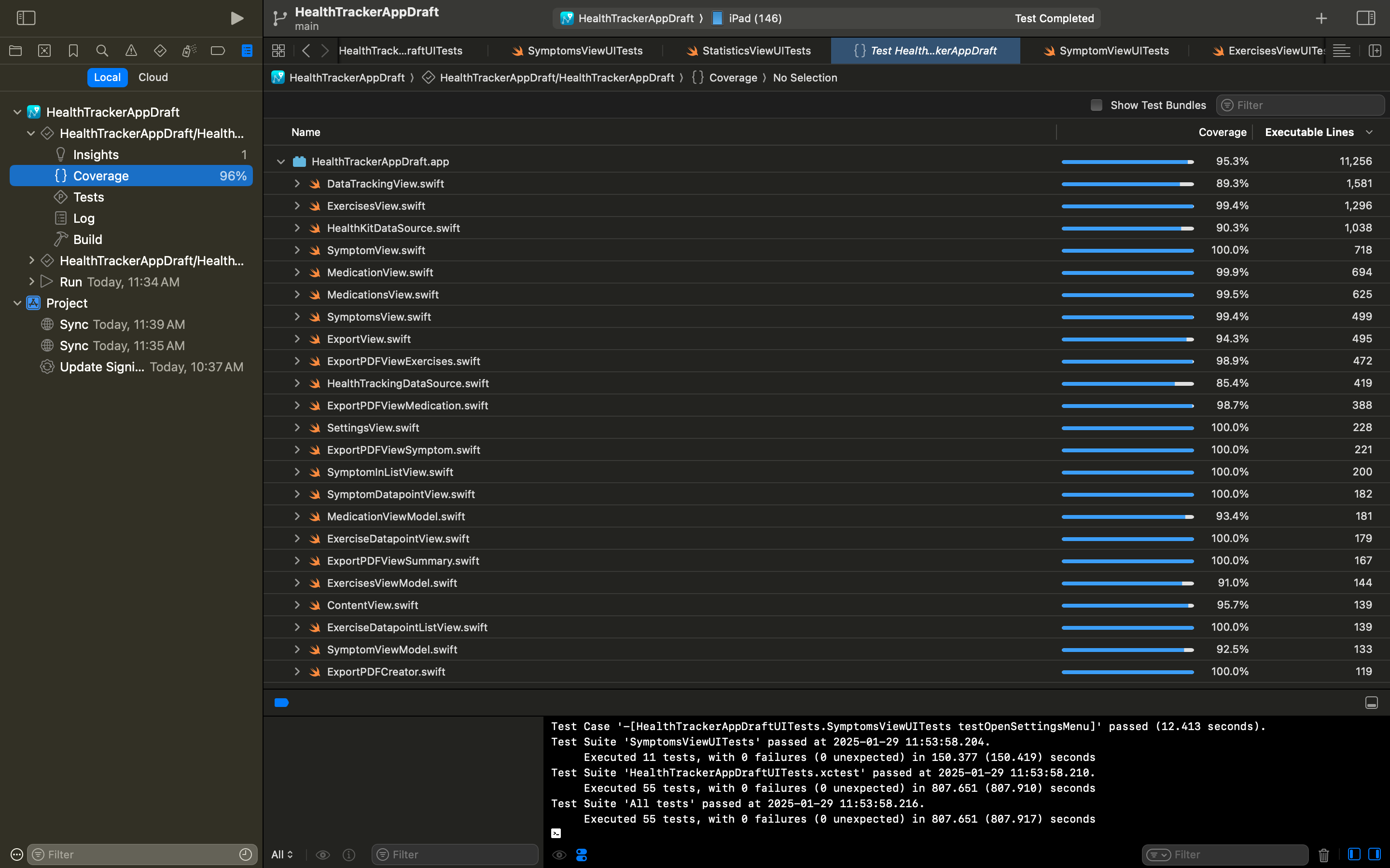 A screenshot showing the application's 95% automated test coverage in XCode.